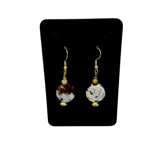 Handcrafted Dangle Earrings With Marbled Brown & White Beads - Picture 5 of 5